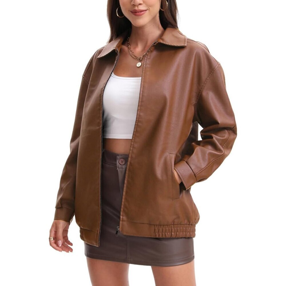 Womens Oversized Faux Leather Jacket Zip Up Motorcycle Loose Fit Fall Outfits